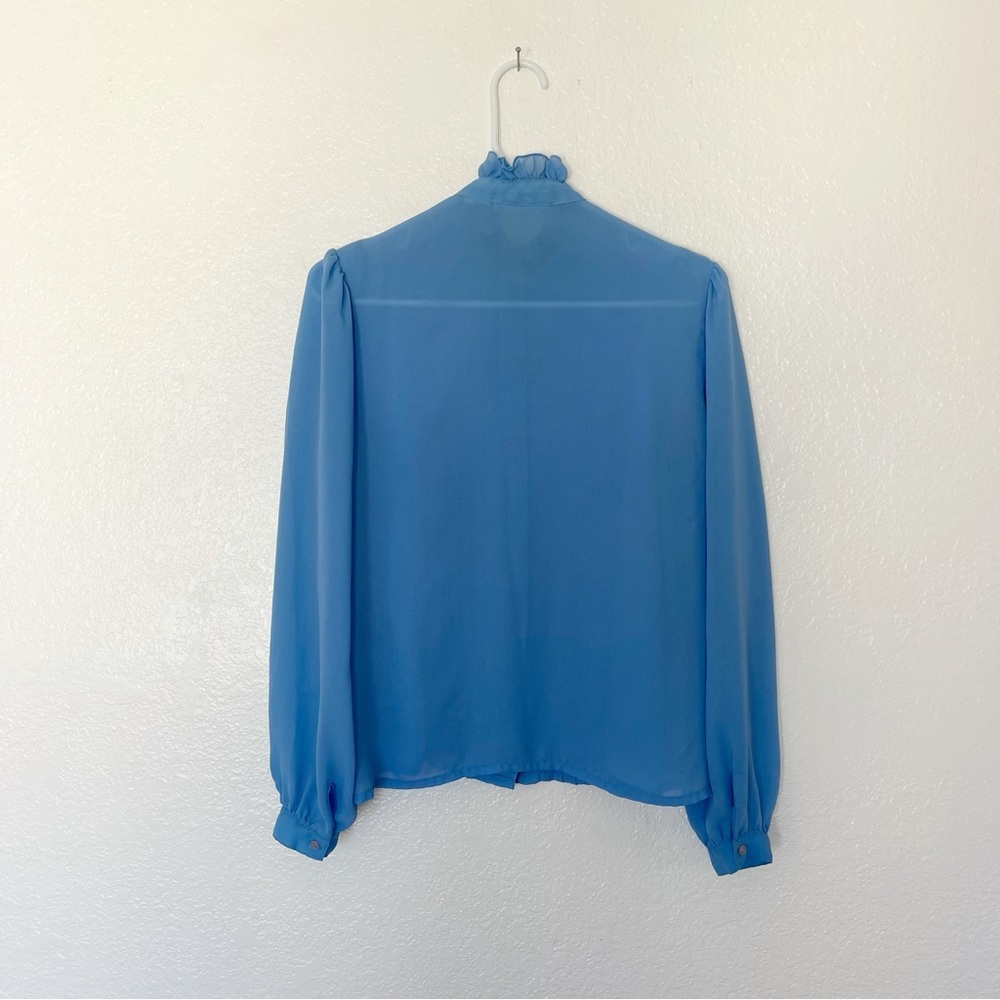 Vintage Blue Tuxedo Blouse 1980s High Neck Ruffle Womens Top Lloyd Harry Dumber - Picture 5 of 6